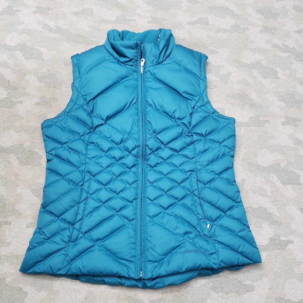 Eddie Bauer Puffer Vest Womens Medium Blue Goose Down Diamond Quilted Full Zip